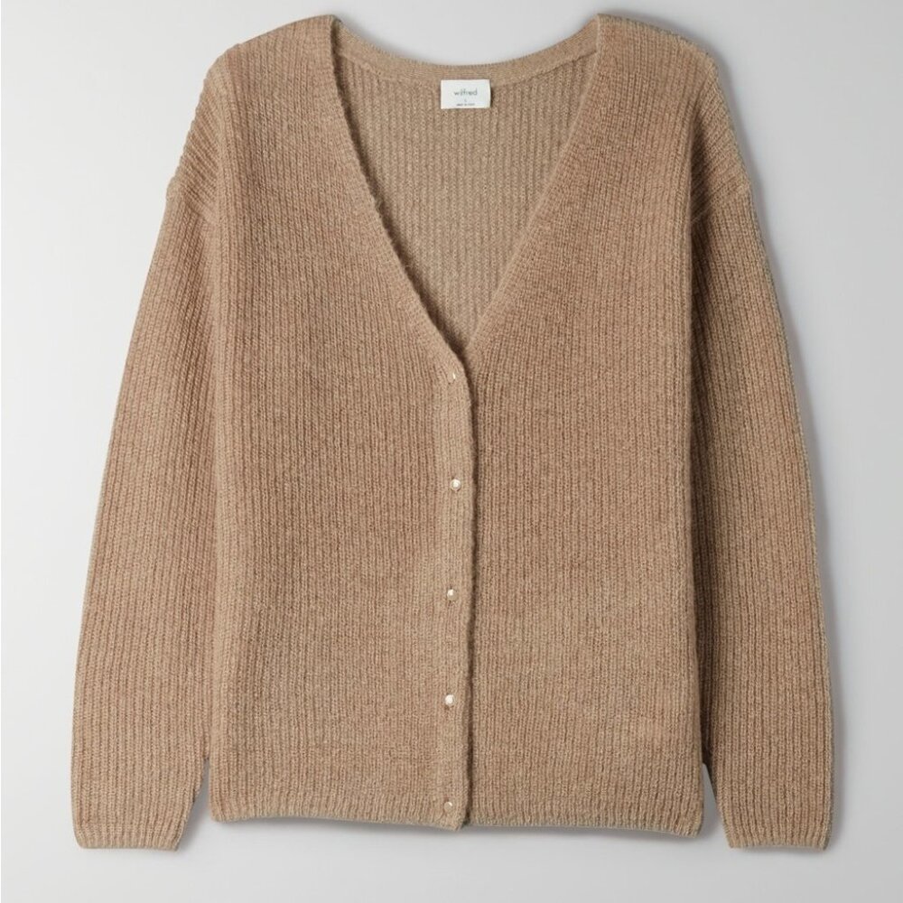 Wilfred Aritzia front to back Mohair Alpaca Blend Knit Button Cardigan Beige XS